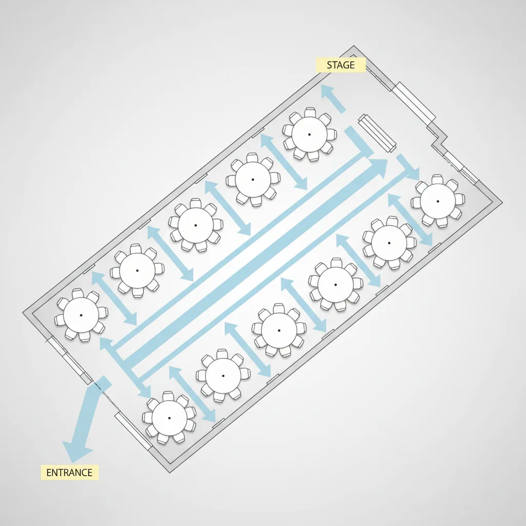 Venue floor plan showing guest circulation paths between tables and stage