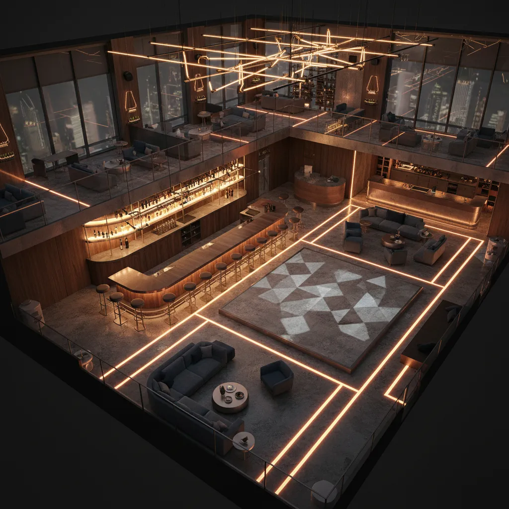 Interior layout of a nightlife venue showing bar area seating and movement flow