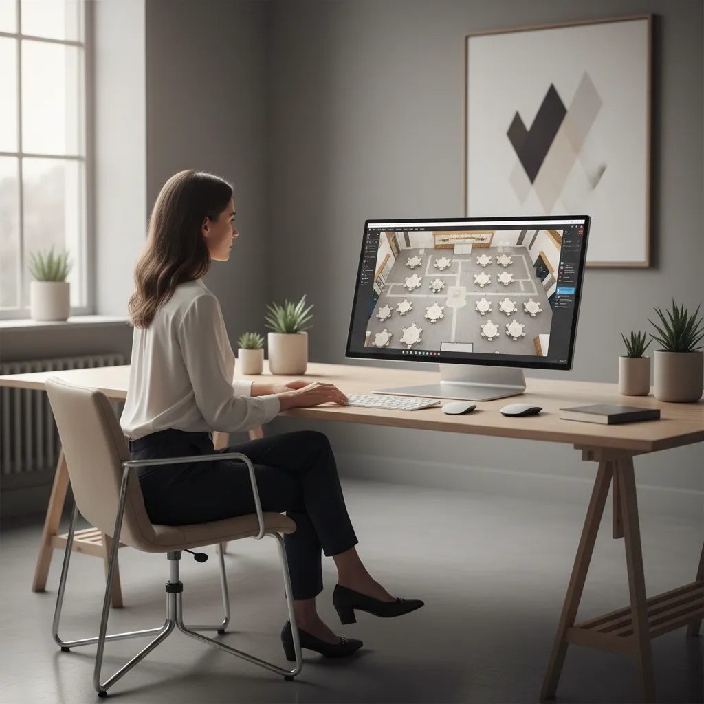 Event planner creating a digital venue floor plan with tables and stage layout