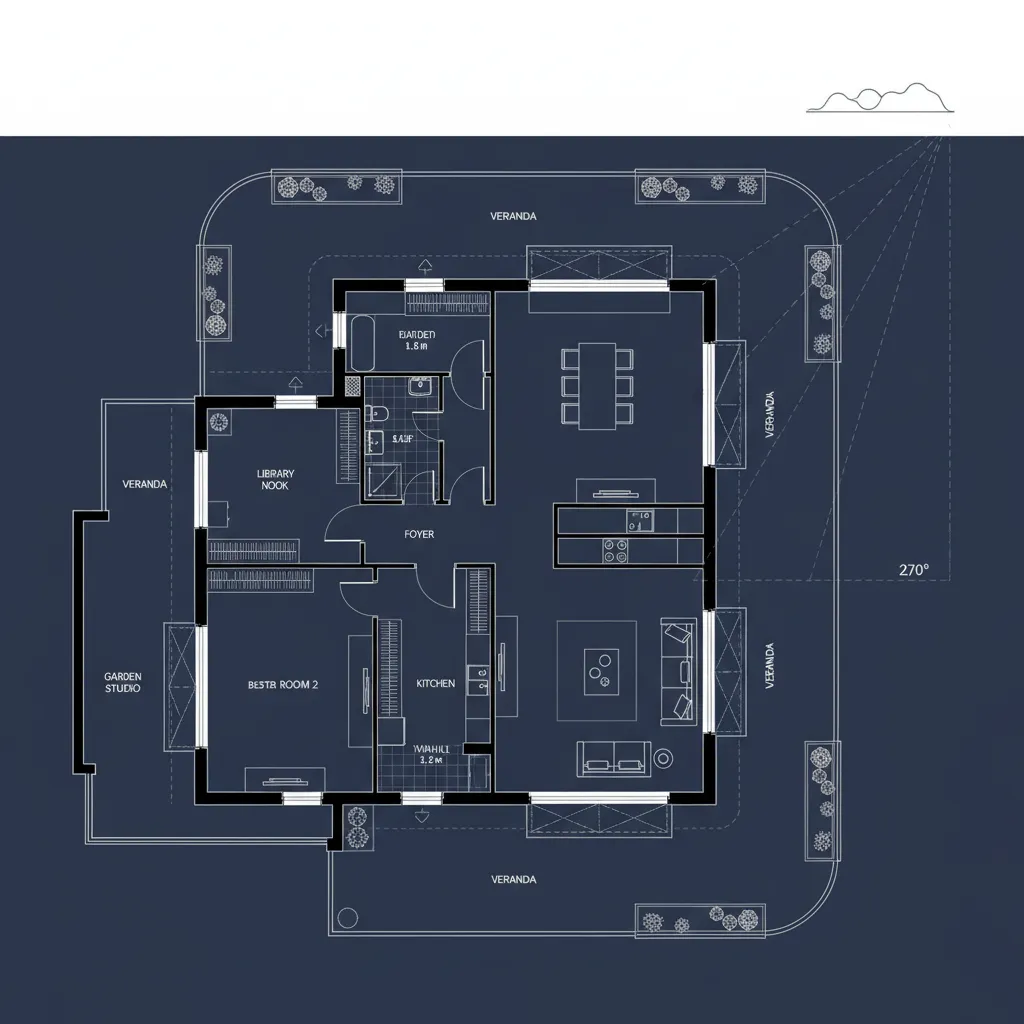 Top-down CAD plan with wraparound veranda and operable corners