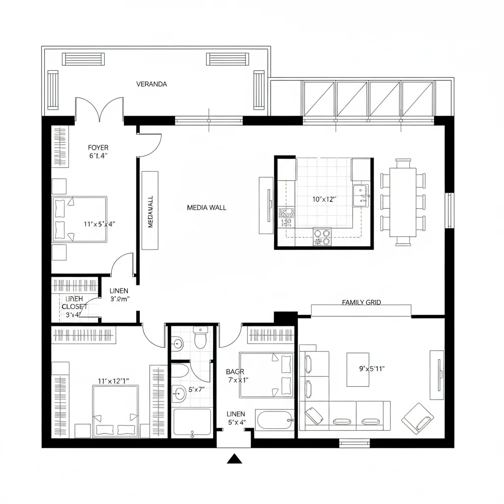 Top-down CAD plan with front veranda buffer and rear family grid