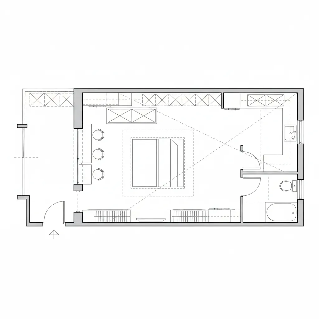 Top-down CAD floor plan of a studio with a linear verandah buffer