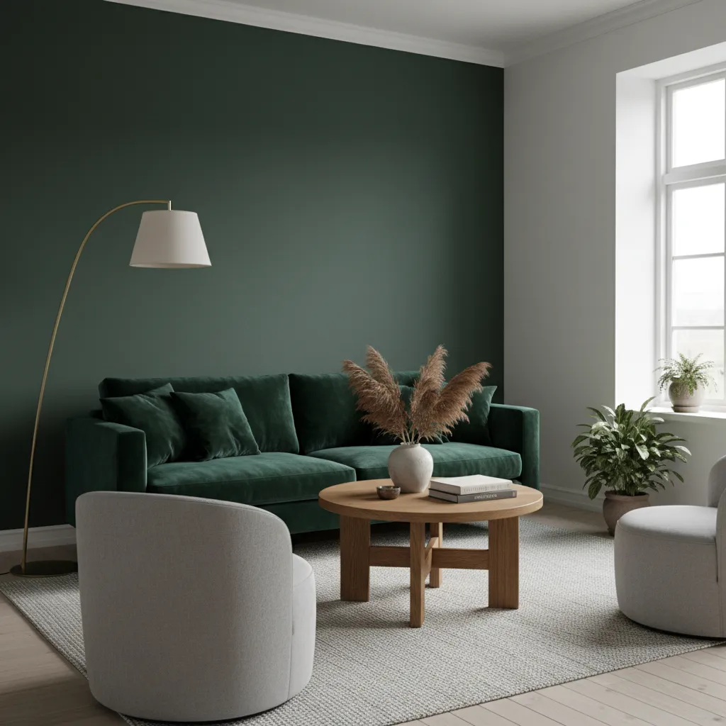 Salón con pared verde bosque y sofá de terciopelo