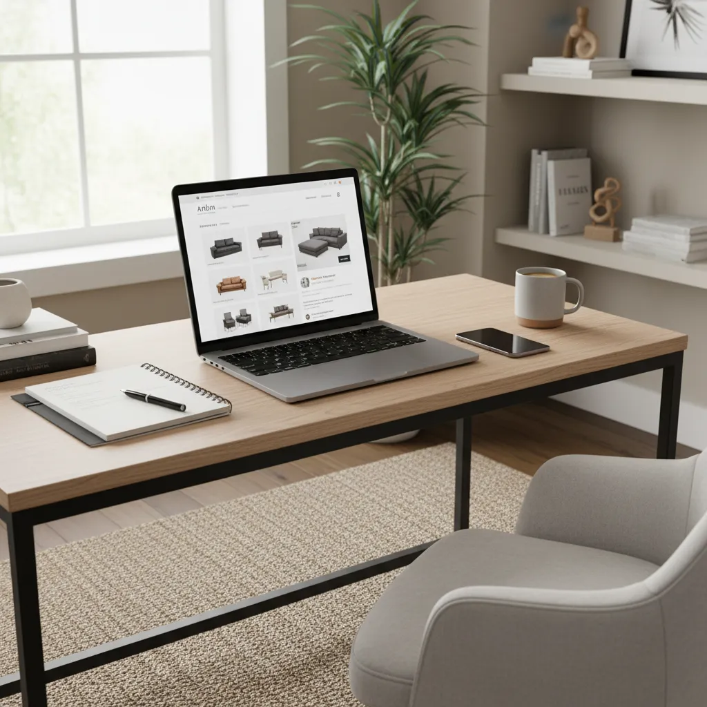 checking furniture website reviews and store legitimacy on laptop
