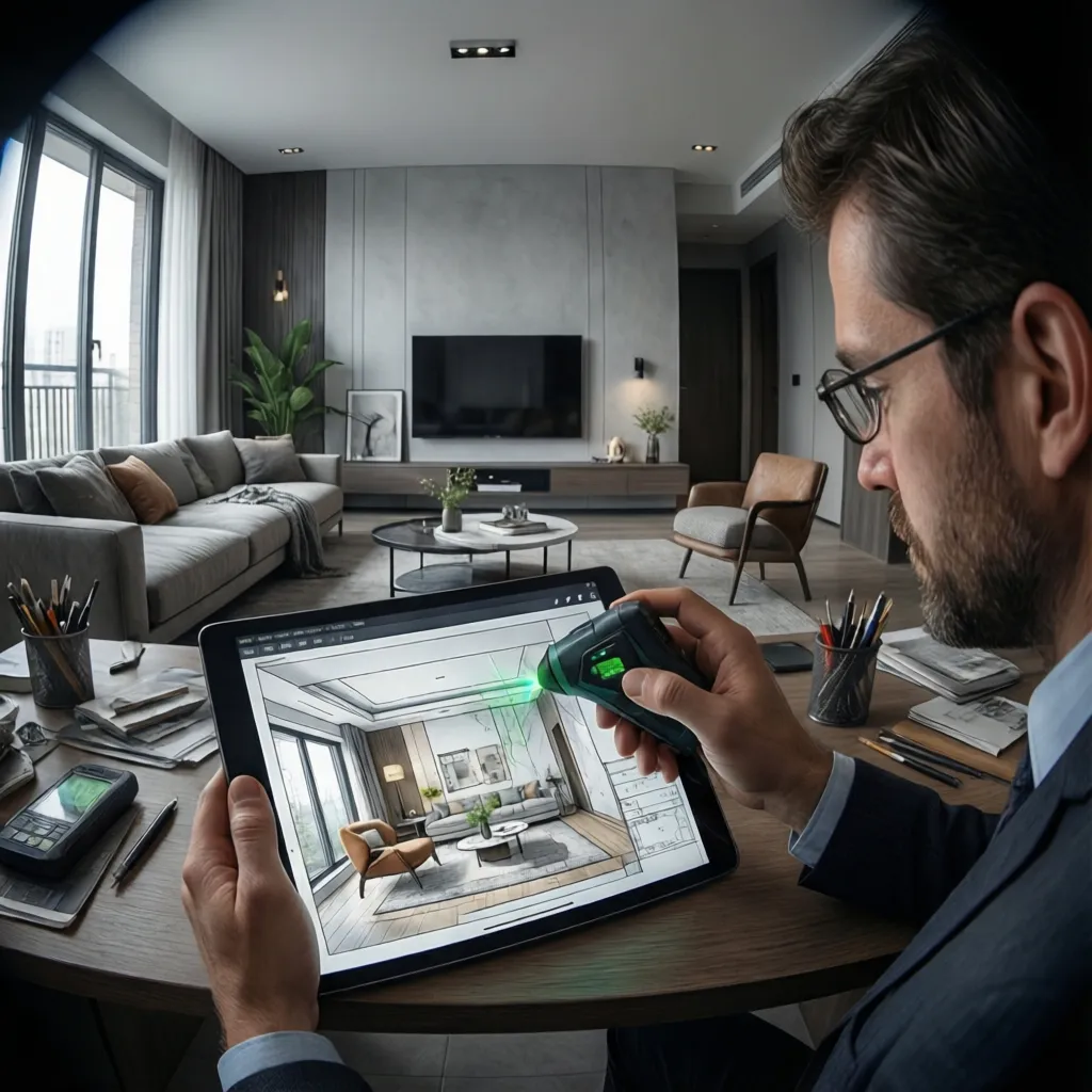 designer reviewing floor plan measurements on tablet while measuring room