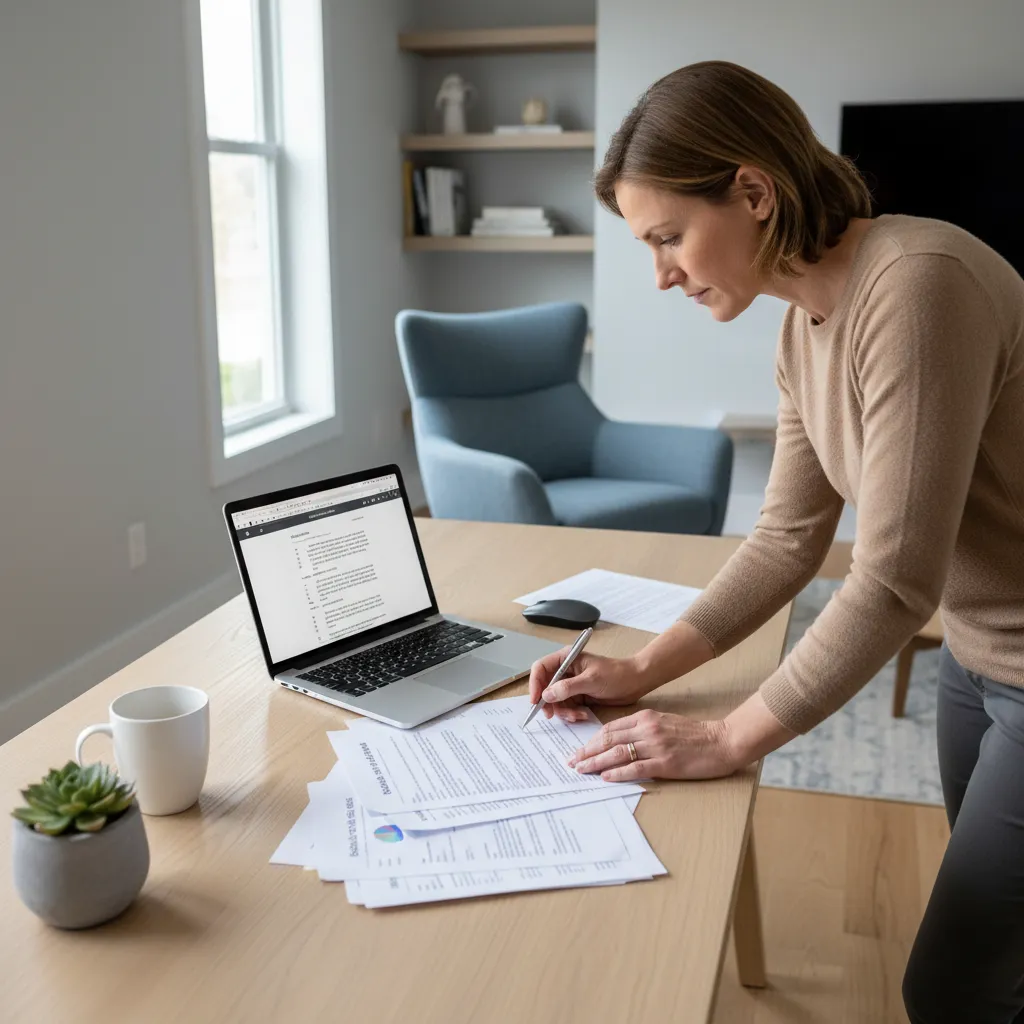 Homeowner verifying housing grant information with official documents and laptop