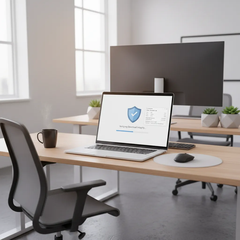 designer checking software download verification and file source on laptop