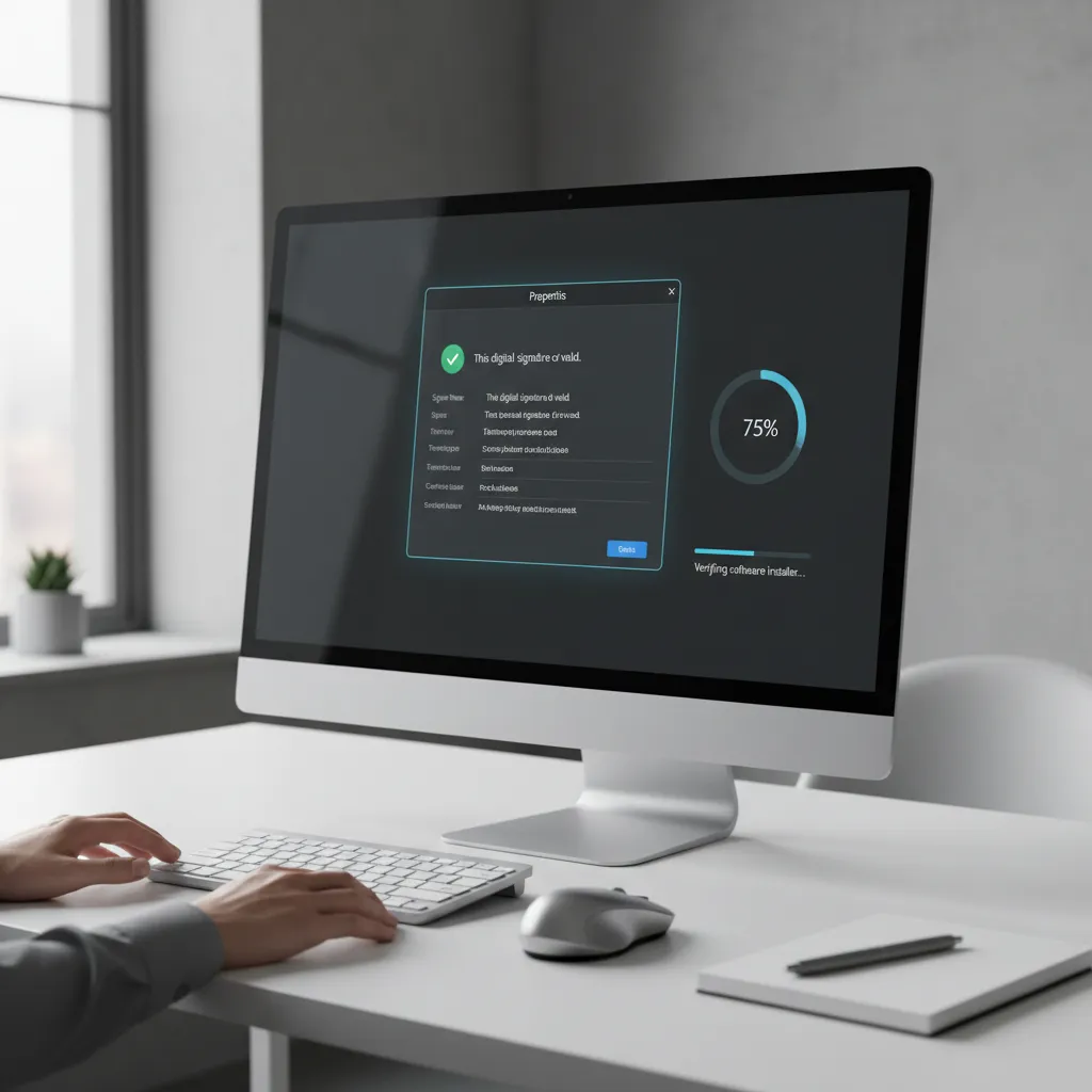 Computer screen verifying digital signature of rendering software installer