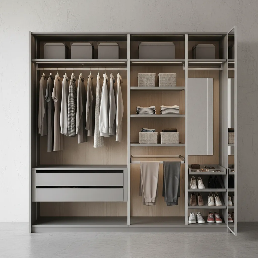 Vertical storage layout inside aluminium wall almirah