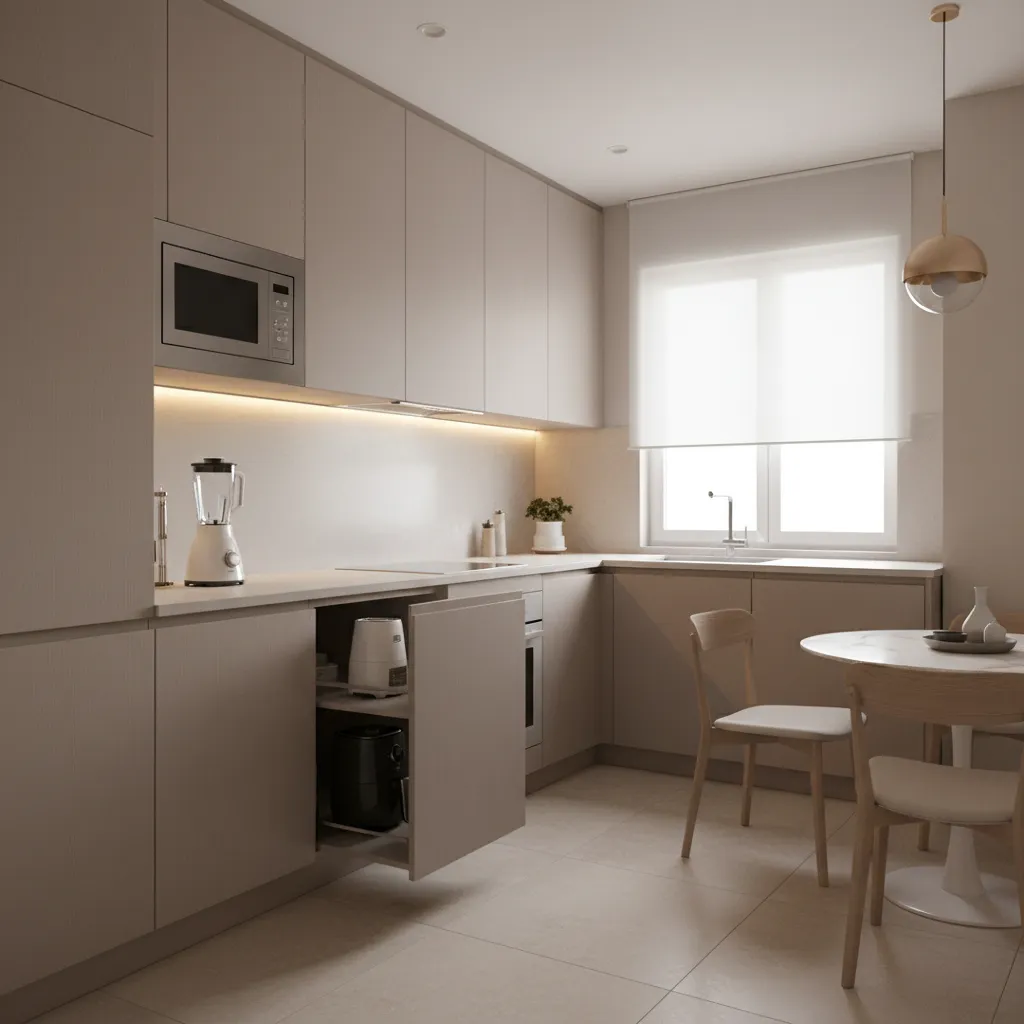 Small kitchen with microwave shelf and vertical appliance storage