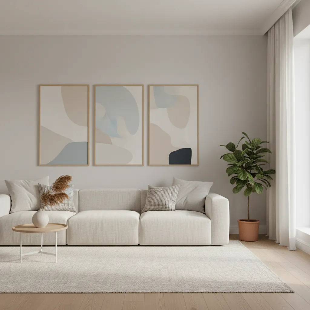 three vertical framed artworks evenly spaced across a long wall