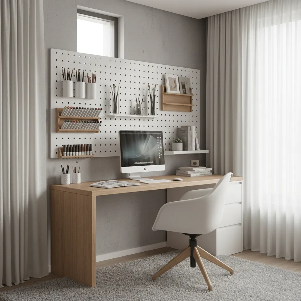 Vertical art supply storage above a compact drawing desk