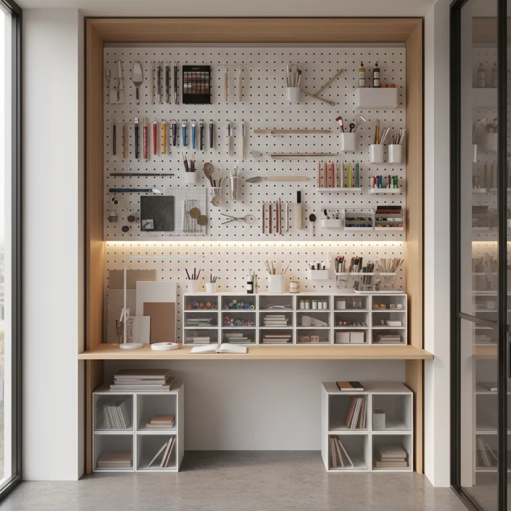 Vertical storage wall with art tools and supplies in tiny studio