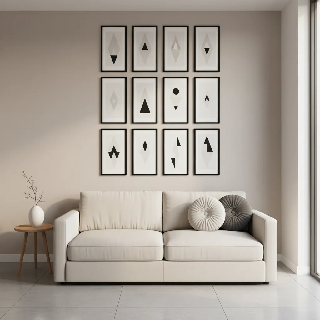 Vertical stacked artwork layout making a small room appear taller