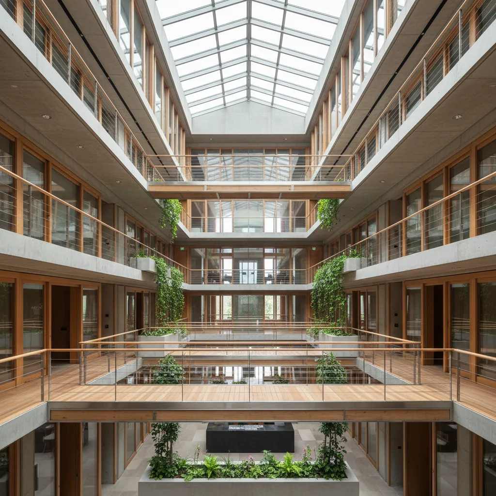 Modern multi story building interior with glass roof wooden walkways green plants and natural light
