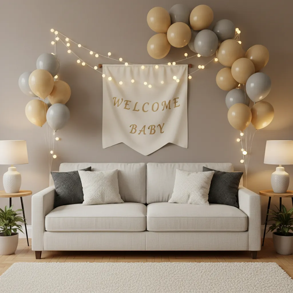 Vertical balloon and banner decoration layout in small living room