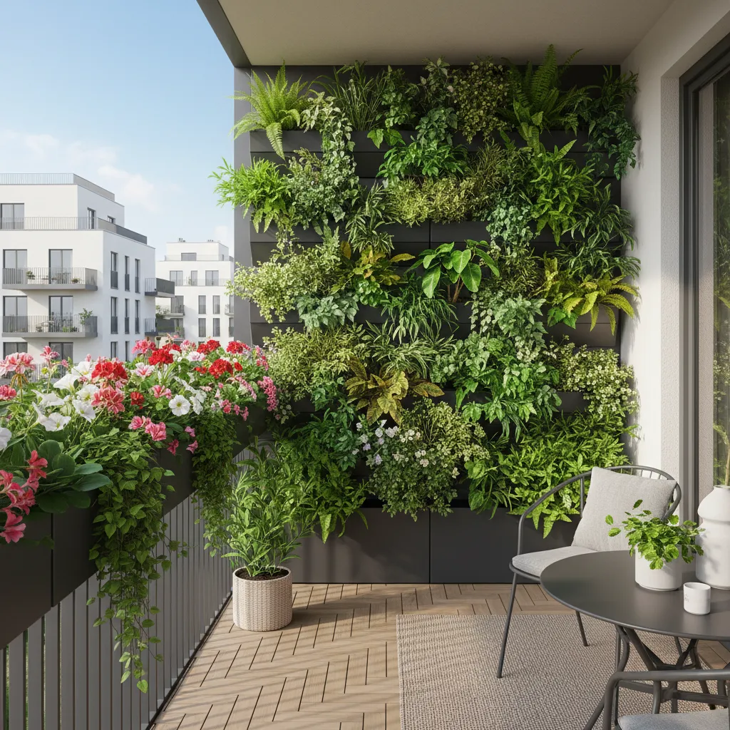 Vertical garden wall and railing planters on apartment balcony