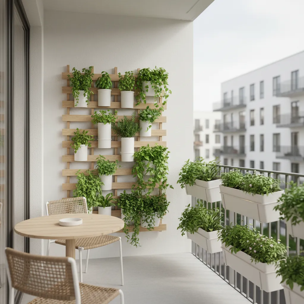Small balcony with vertical garden wall and railing planters