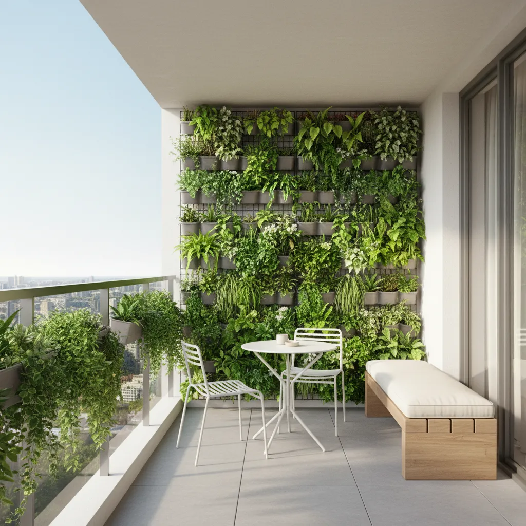 Vertical garden planters on an apartment balcony wall