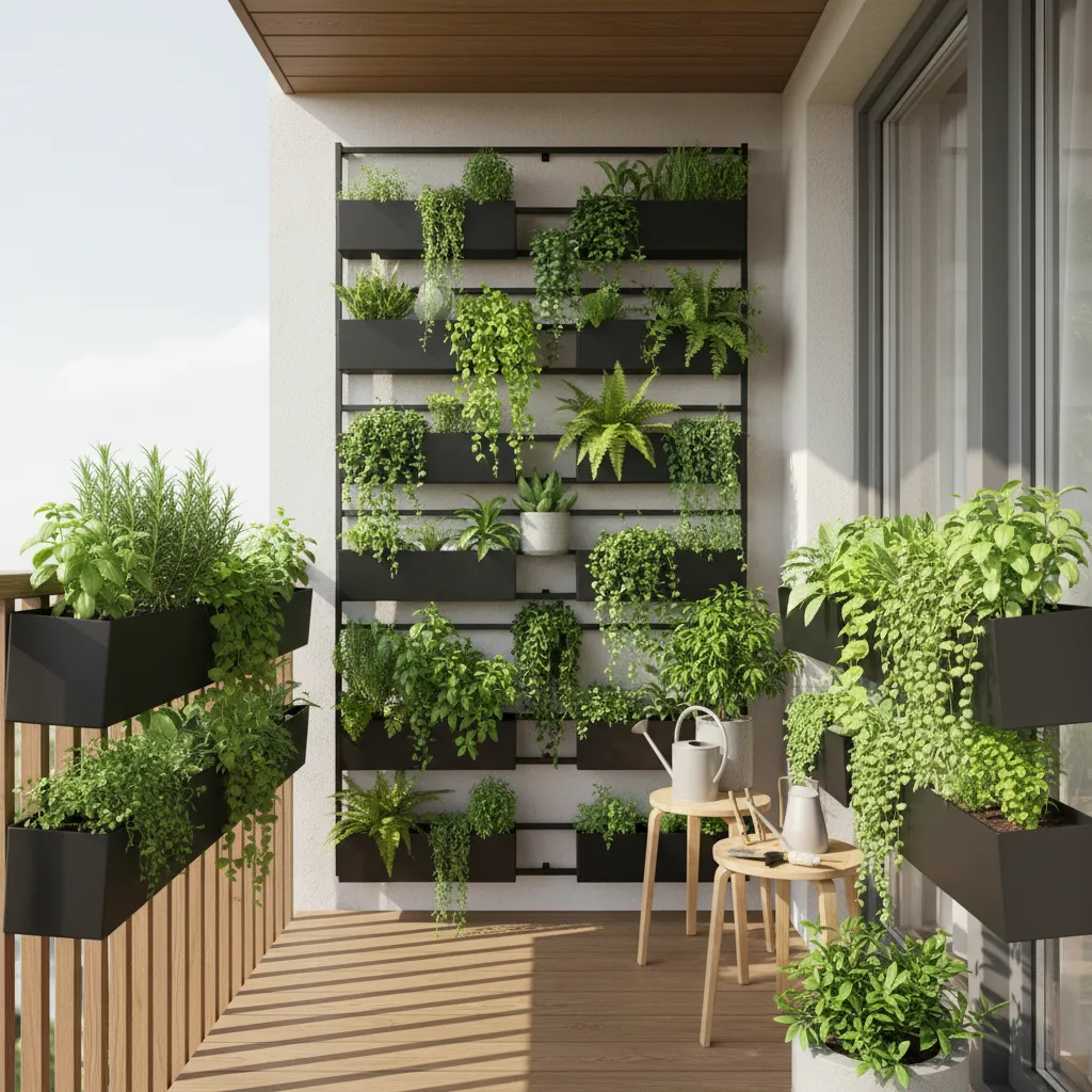 Vertical plant wall and railing planters on small balcony