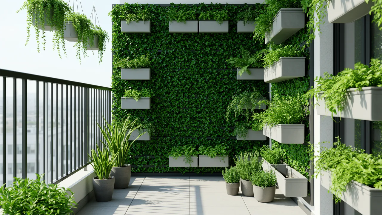 Vertical garden wall on small apartment balcony