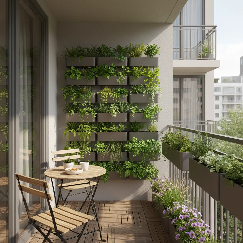 vertical garden wall on apartment balcony with hanging plants and railing planters