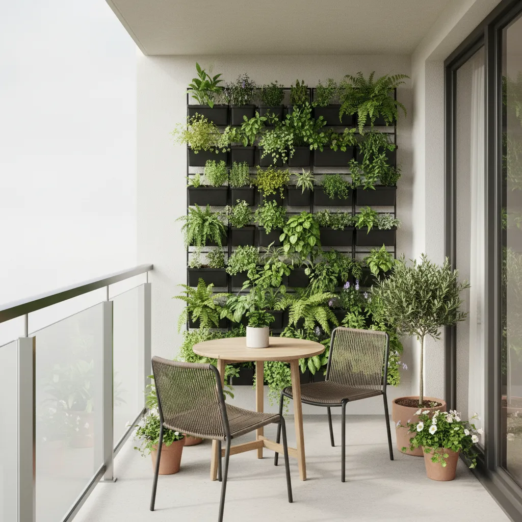 Vertical wall garden with planters on a small balcony