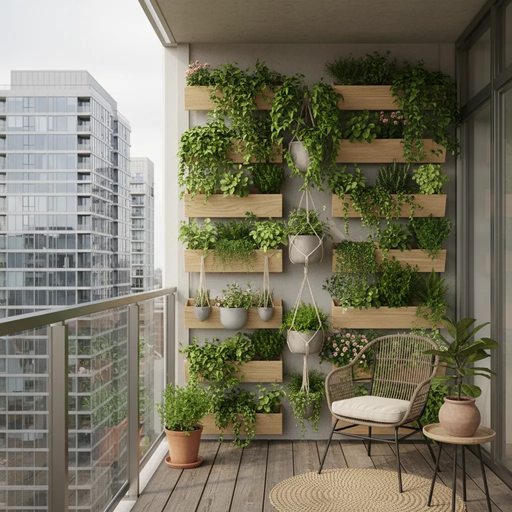 Balcony with vertical wall garden, wooden plant boxes, woven chair, small side table, wood flooring