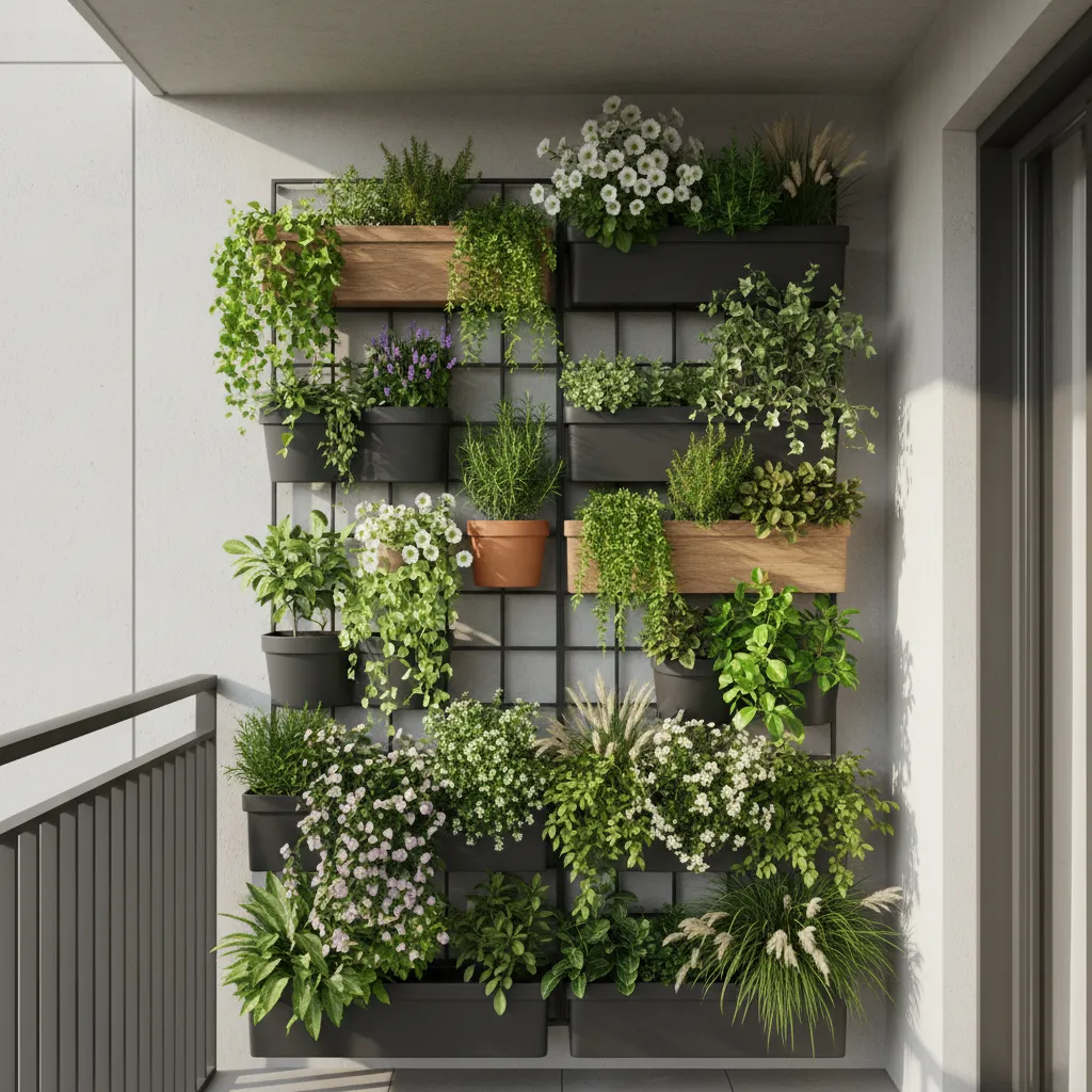 Vertical plant wall and railing planters on apartment balcony