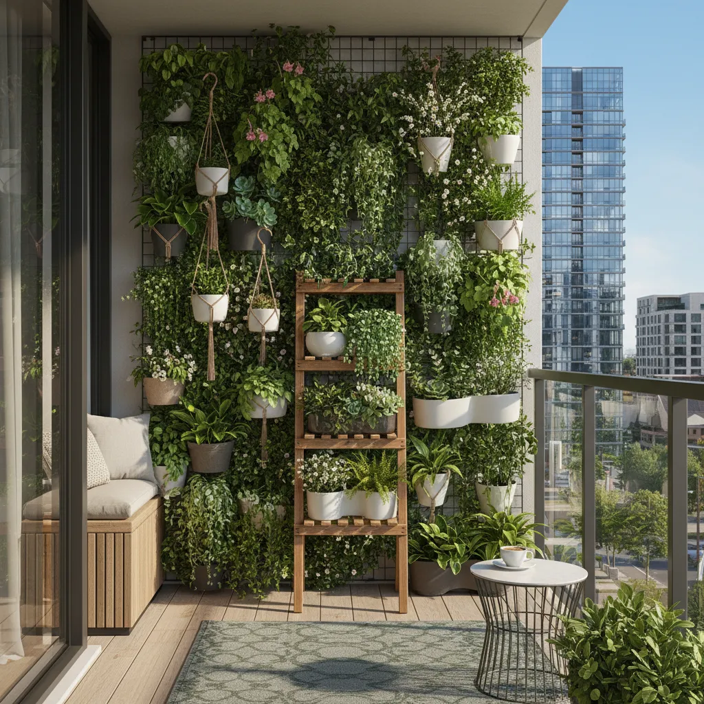 Vertical plant wall on small balcony maximizing space