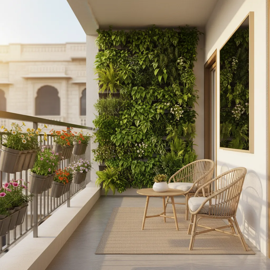 Vertical balcony garden with wall planters and herbs in small Indian balcony