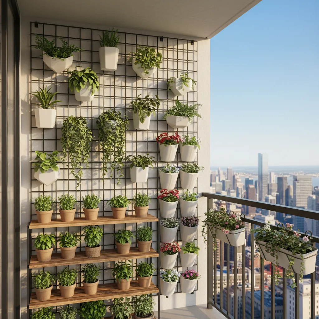 Vertical balcony garden layout using hanging pots wall planters and railing planters