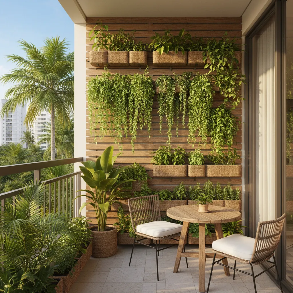 vertical balcony garden with hanging plants and railing planters