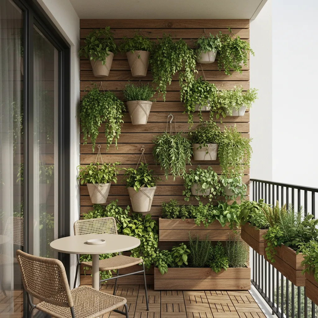 Vertical plant wall and hanging planters on small balcony