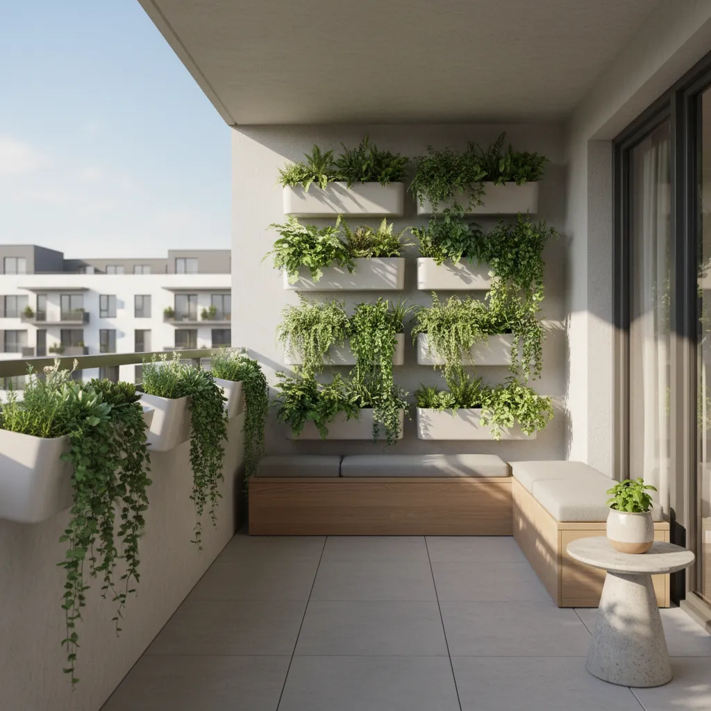 vertical garden wall on apartment balcony with planters