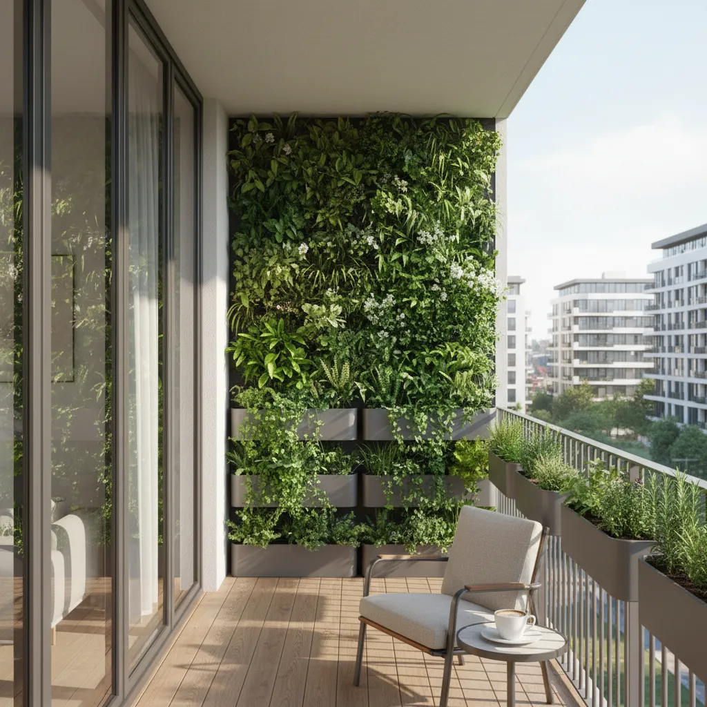 vertical wall garden and railing planters in narrow balcony