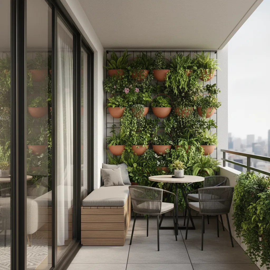 Small balcony with vertical garden wall and hanging planters