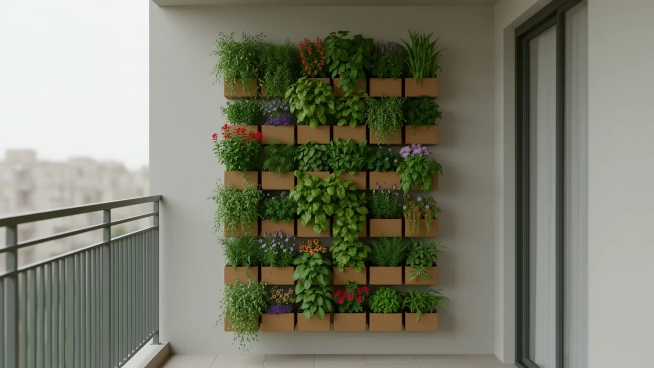 Vertical wall planter system on a small balcony growing herbs and flowers