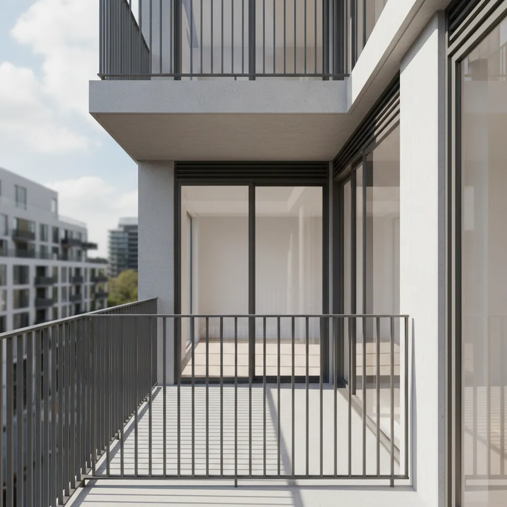 vertical bar balcony grill design on a modern apartment exterior
