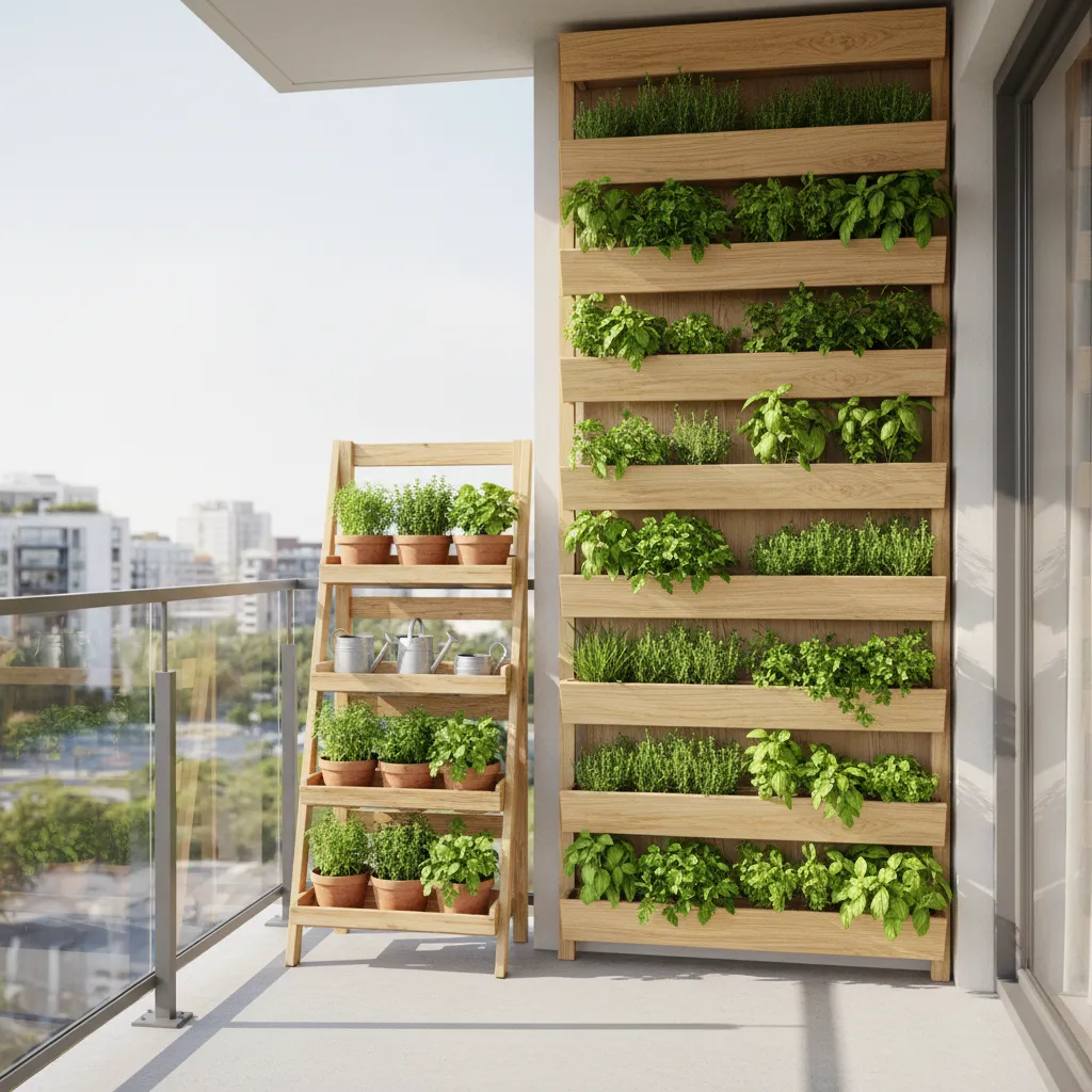 vertical herb garden shelves on a balcony wall