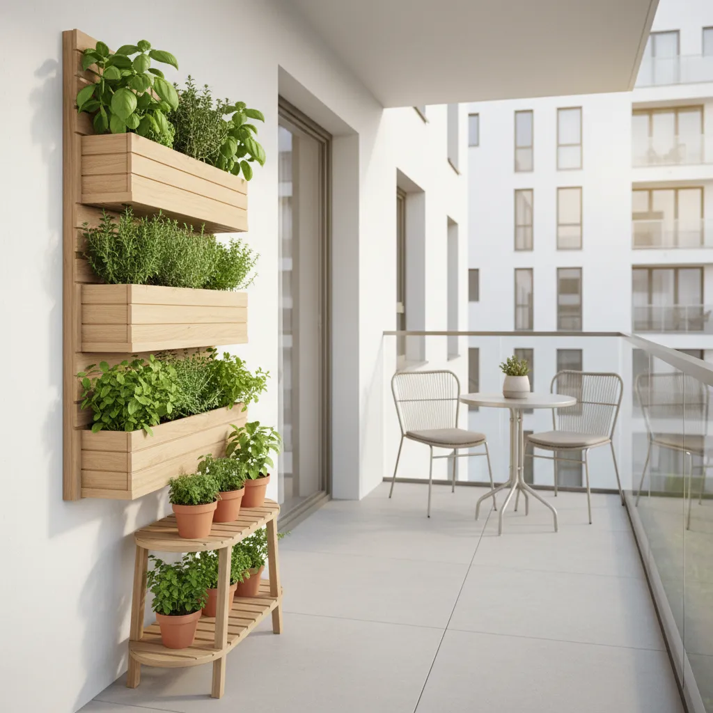 Vertical herb garden on balcony wall with tiered planters