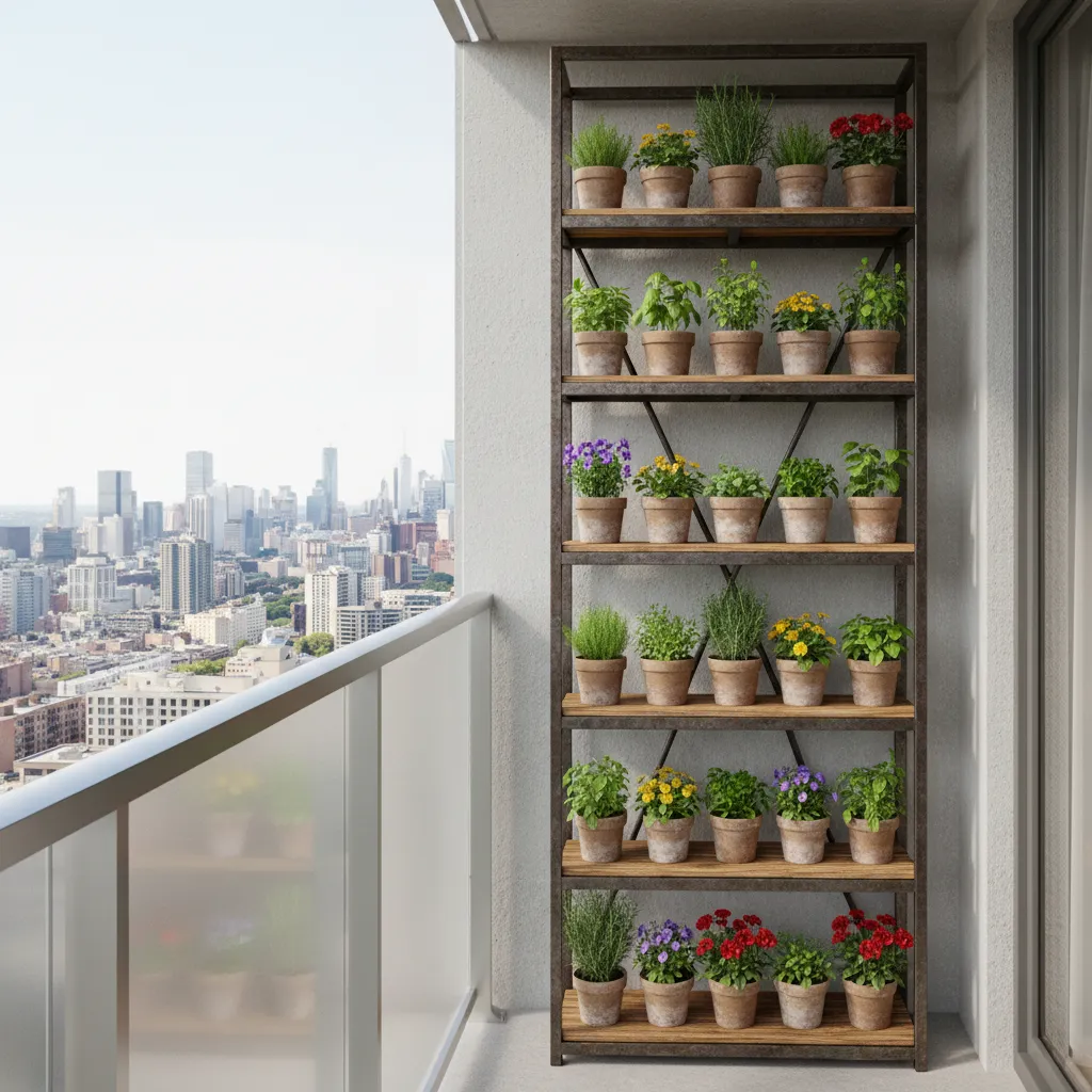 vertical plant shelf on balcony holding multiple small planters