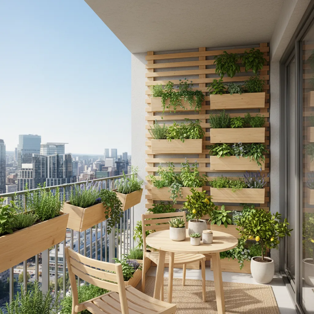 Small balcony with vertical planters and railing herb garden