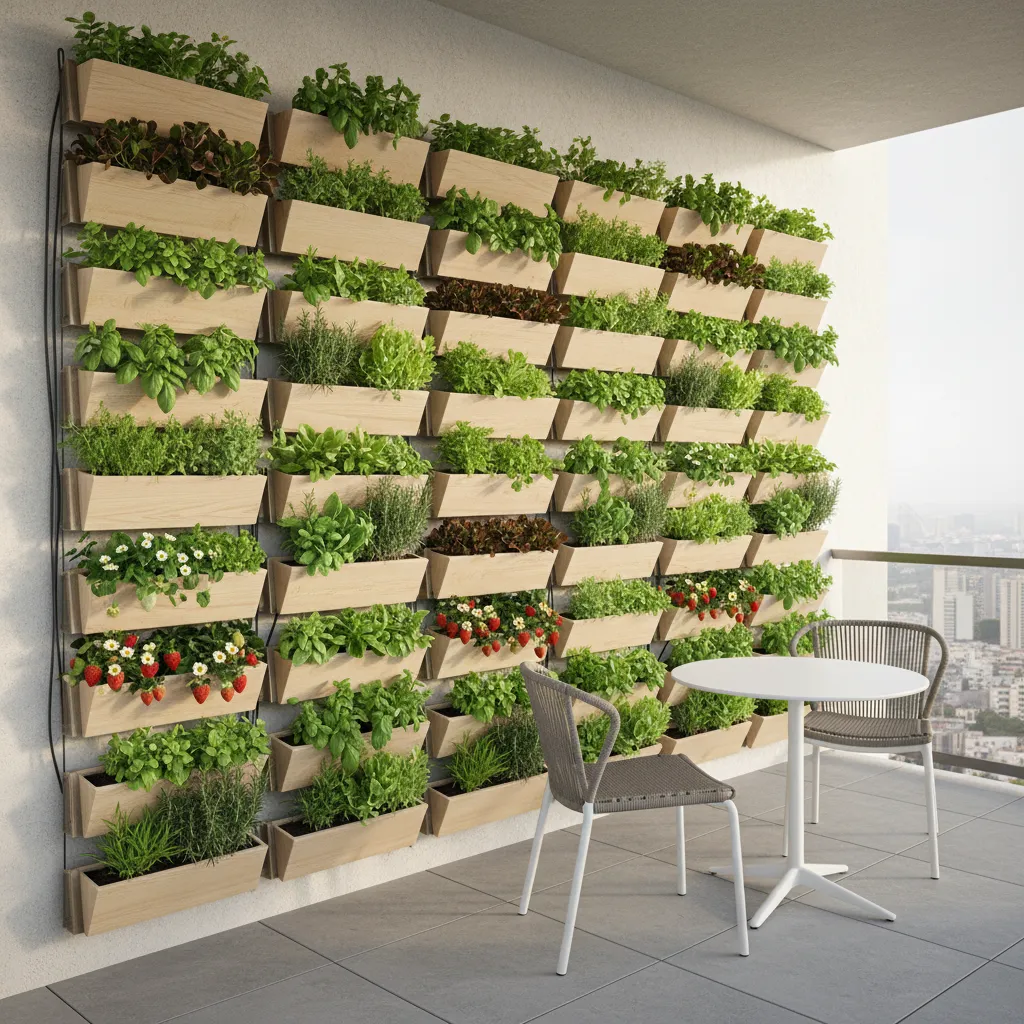 Vertical wall planter system on a balcony with herbs