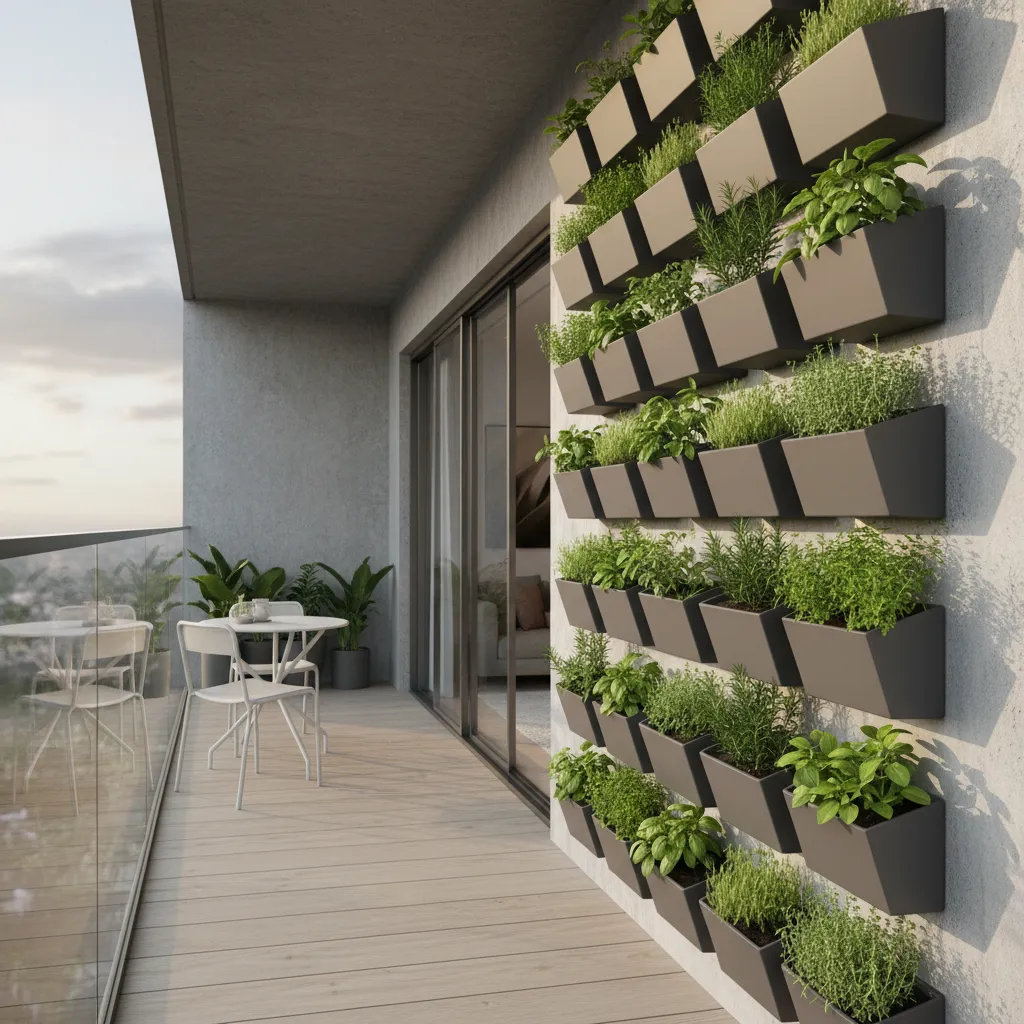 Vertical wall planter system on a small balcony garden wall
