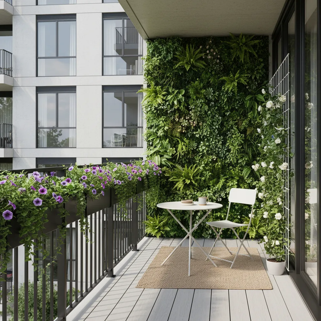 Vertical planters and railing plants on a small balcony