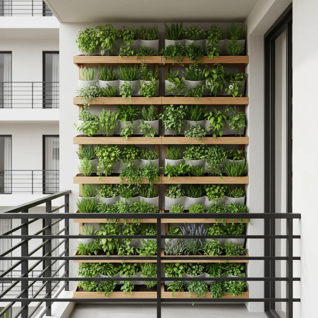 Vertical wall planters on an apartment balcony maximizing small gardening space