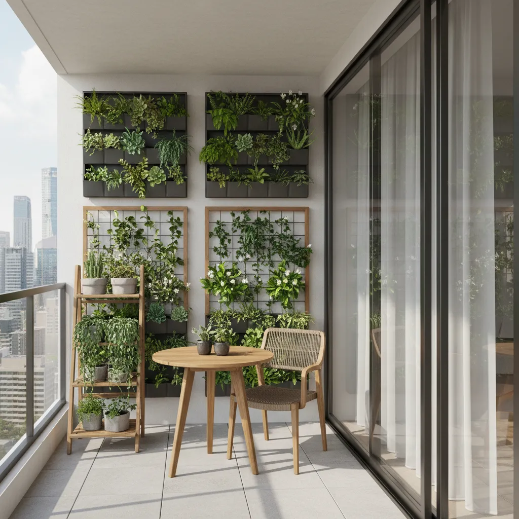 vertical planter wall system on apartment balcony