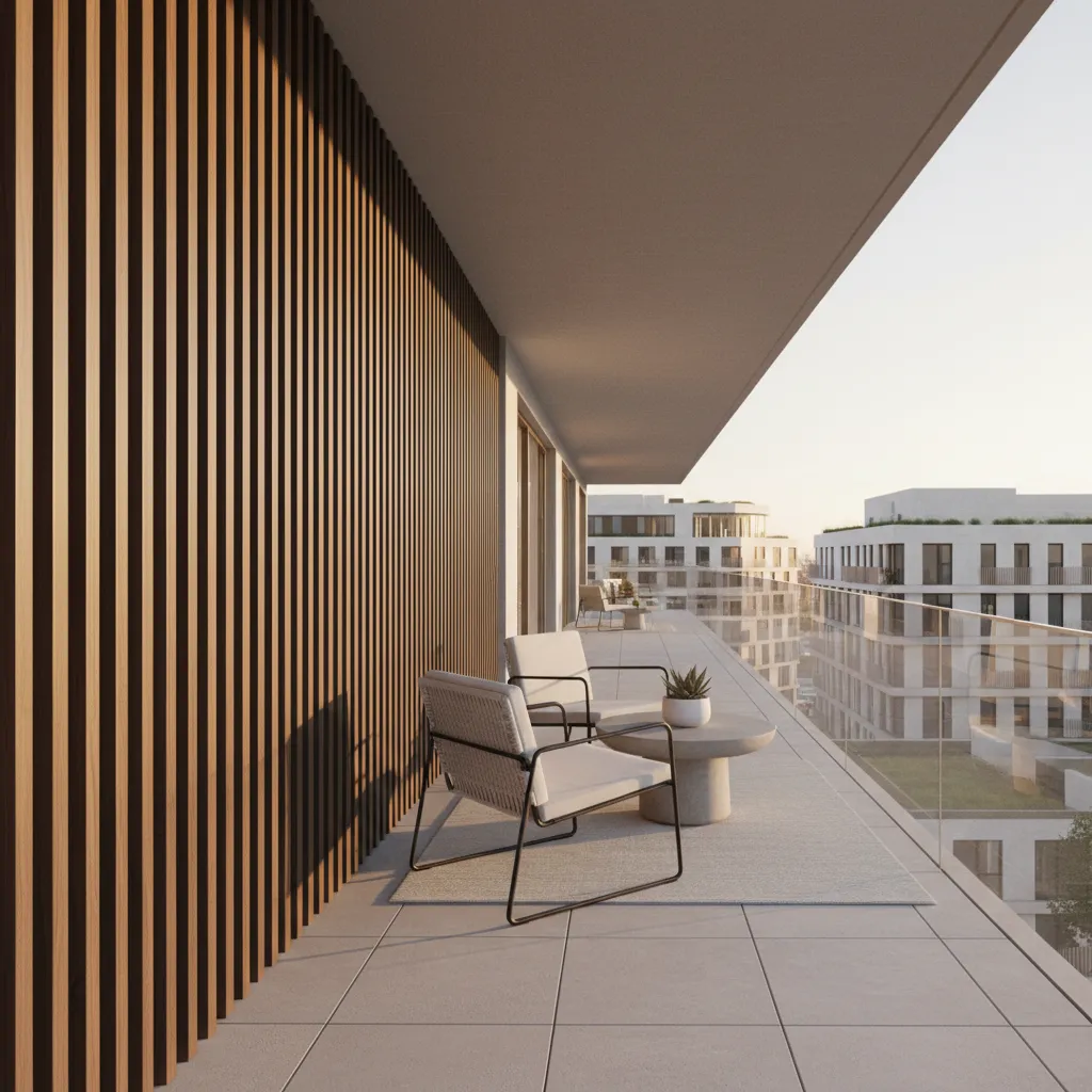 Modern balcony with vertical wood privacy screen