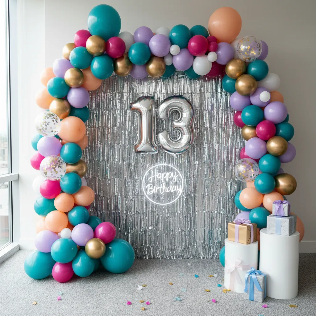 Balloon garland and fringe curtain backdrop for teen birthday photos